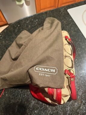 Coach Tan Signature Canvas Shoulder Bag with Red Leather Trim
